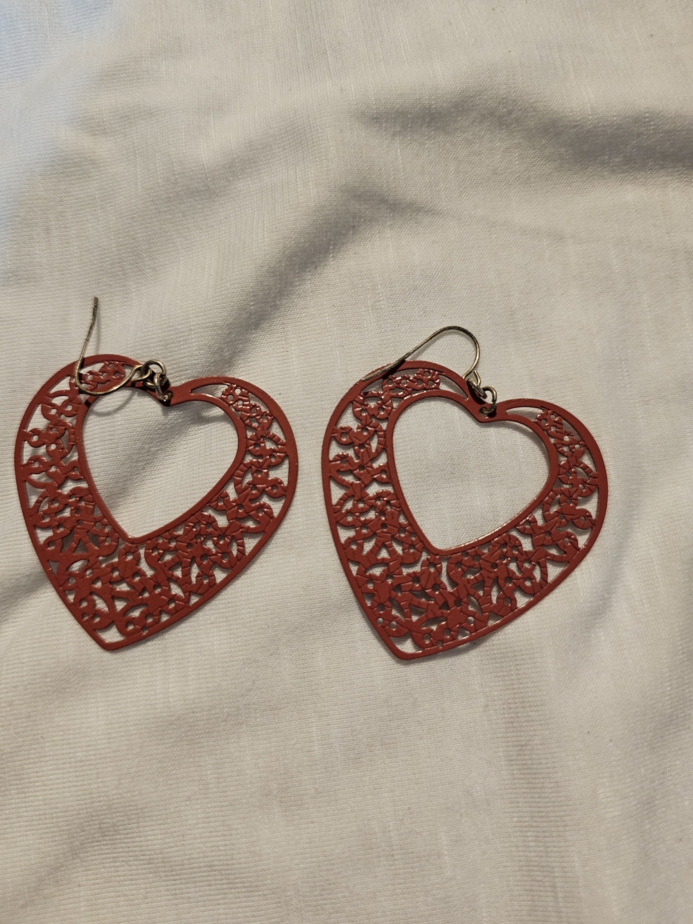 Red Heart Filigree Drop Earrings for Women